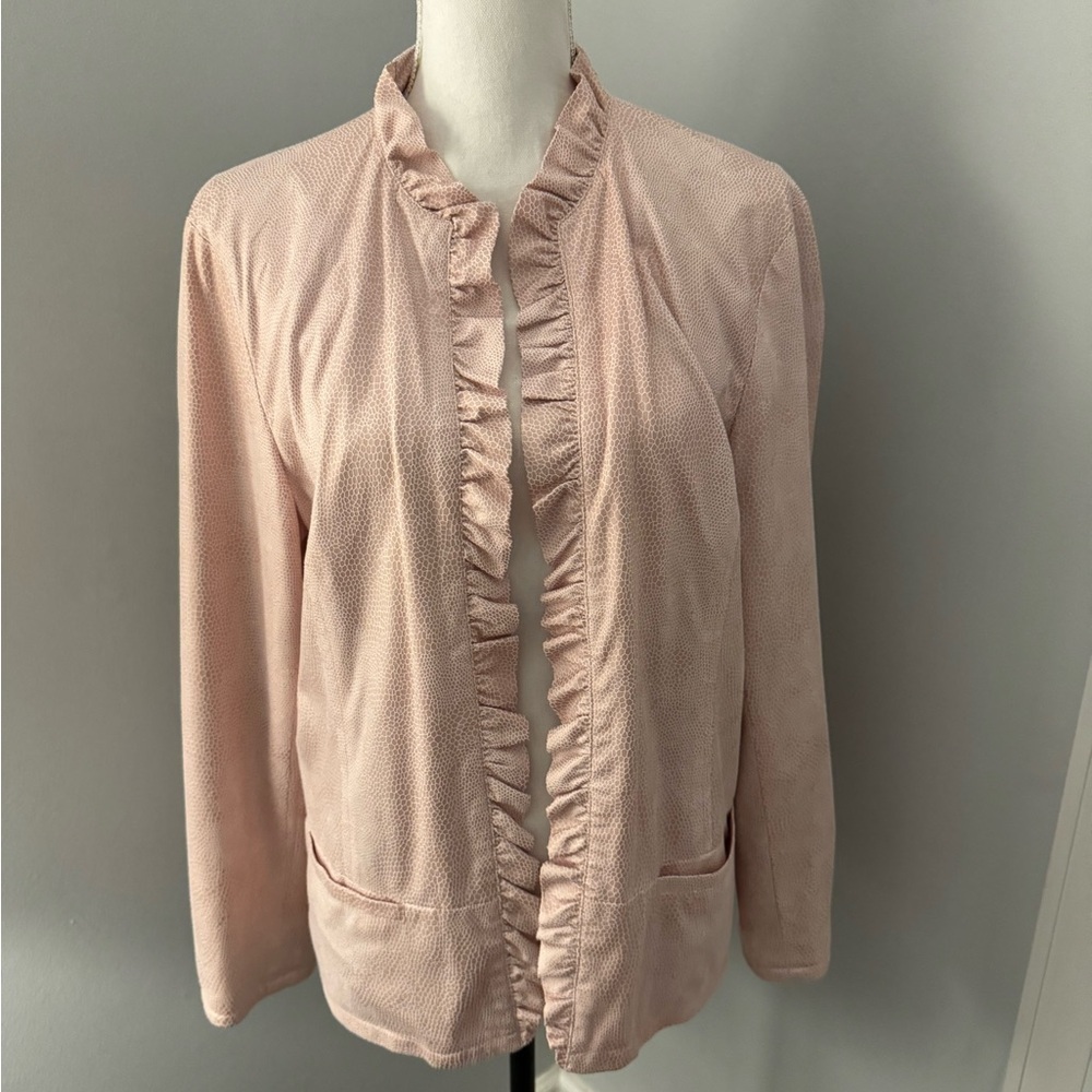 Chico’s Pale Pink Patterned Open Jacket with ruffles. Size 2. Or 12
